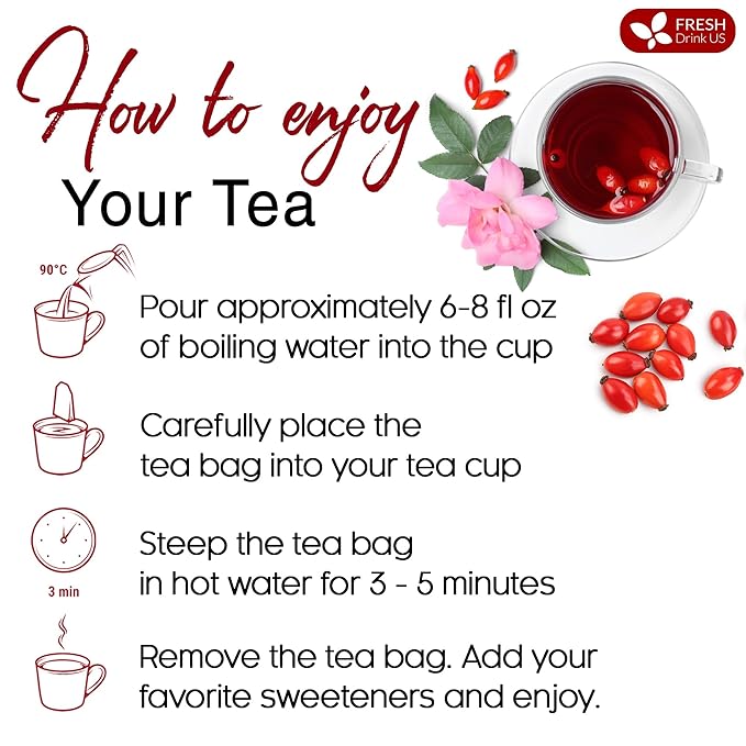 FreshDrinkUS, Premium 55 Rosehip Tea Bags, 100% Natural & Pure from Rose Hip Fruits. Loose Rosehip Herbal Tea. Made with Natural Material Tea Bags. No Sugar, No Caffeine, No Gluten, Vegan.
