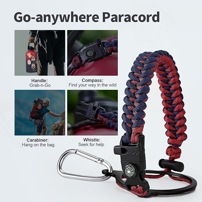 One Gallon Water Bottle Insulated, Triple Wall Vacuum Cold for 48 Hrs & Leak-proof & Non-BPA, 128oz Large Sports Stainless Steel Water Jug with Paracord Handle Straw Spout Lids & DIY Stickers