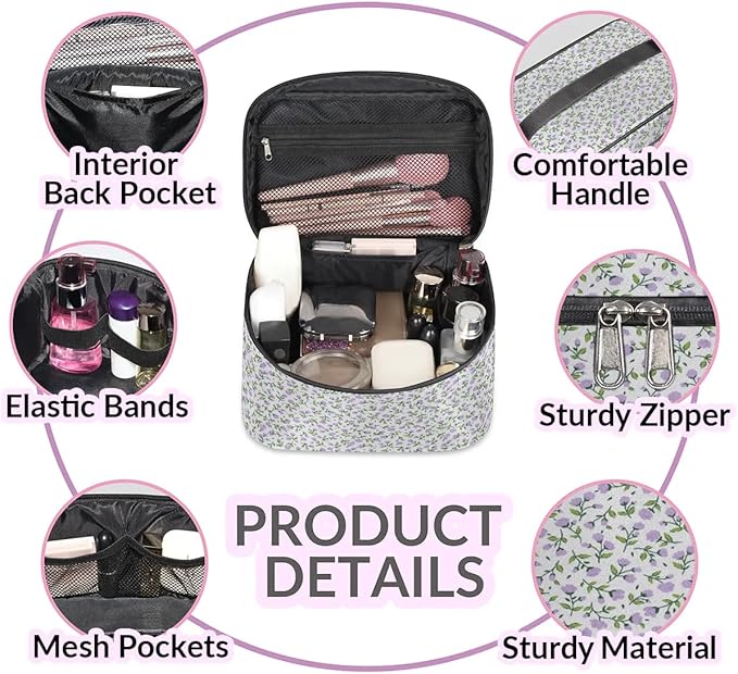 Large Makeup Bag Travel Cosmetic Bags for Women Purple Vintage Bohemian Spring Flower Floral Makeup Organizer Case Toiletry Bag for Girls Traveling Wide Open Portable Pouch with Handle