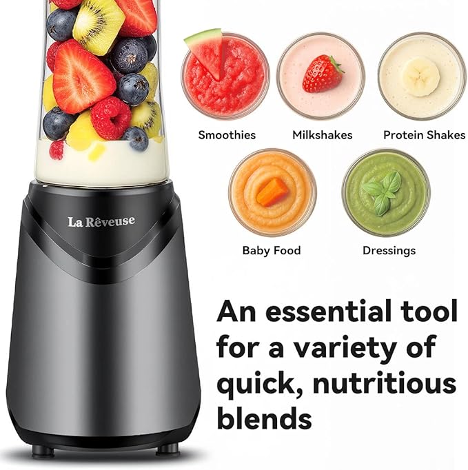 La Reveuse Smoothie Blender Personal Size 300 Watts with 2 Pieces 18 oz BPA-Free Travel Sports Bottles,Grey