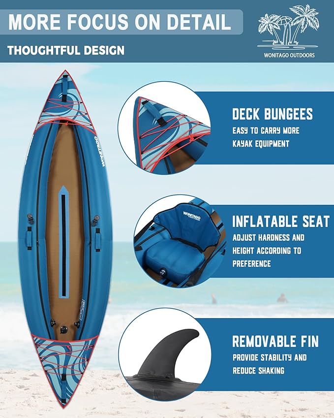 Inflatable Kayak, Portable Ripstop Oxford Cloth Recreational Touring Kayak with Fiberglass Kayak Paddle, Hand Pump and Carrying Bag, 1/2 Person