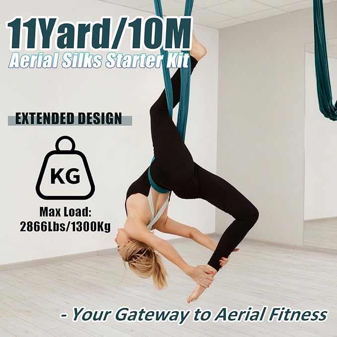 Aerial Silks Kit & Aerial Yoga Hammock - 11Yd Premium Fabric Hardware - Easy Setup for Flying Yoga, Aerial Swing & Fitness - Supports Up to 14ft Rigging