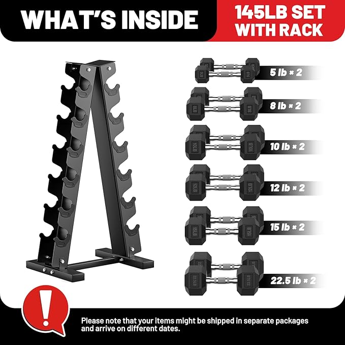 PAPABABE Hex Dumbbell Sets with Rack, 60-550lb Rubber Coated Dumbbell Weight Set and Storage Rack, Multiple Options Hand Weights for Strength Training