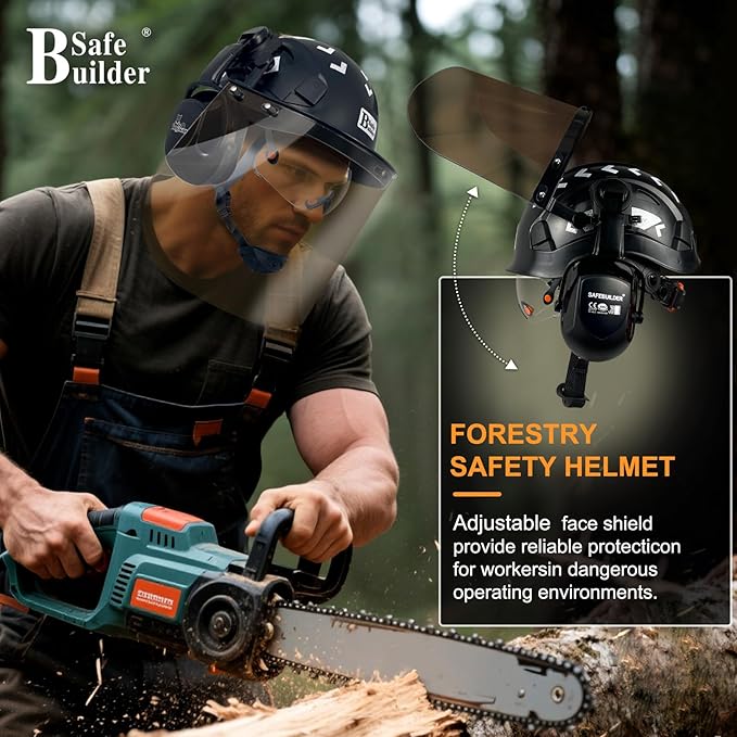 Forestry Safety Helmet with Build-in Visor Mesh Face Shield Ear Muffs 4 in 1 Chainsaw Safety Hard Hats