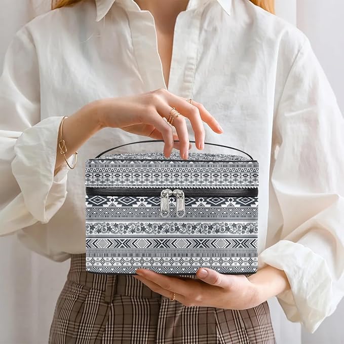 Large Makeup Bag Travel Cosmetic Bags for Women Grey Vintage Boho Geometric Chevron Aztec Makeup Organizer Case Toiletry Bag for Girls Traveling Wide Open Portable Pouch with Handle