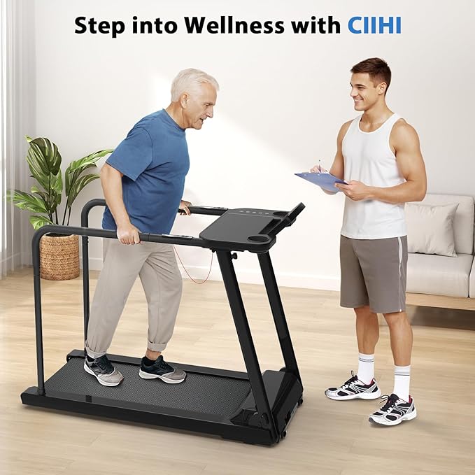 CIIHI Walking Treadmill for Senior - 350 lbs Senior Treadmill for Home with Long Handrails - Recovery Fitness Exercise Machine for Elder with Desk Workstation, Bluetooth Speaker
