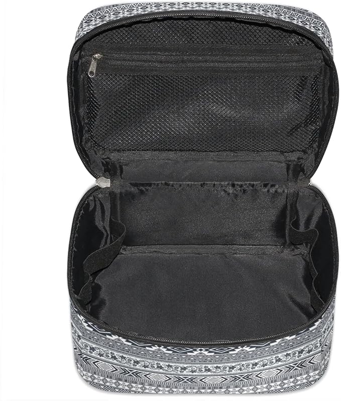 Large Makeup Bag Travel Cosmetic Bags for Women Grey Vintage Boho Geometric Chevron Aztec Makeup Organizer Case Toiletry Bag for Girls Traveling Wide Open Portable Pouch with Handle