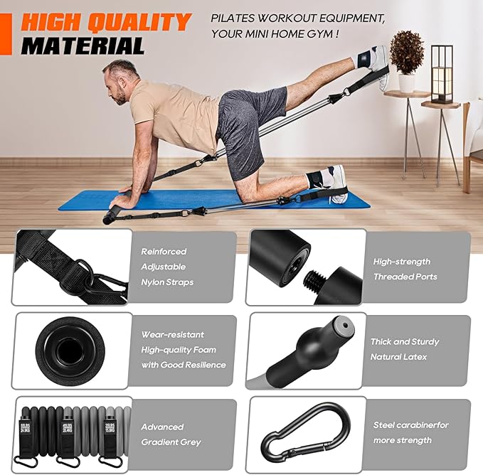 Pilates Bar Kit with Resistance Bands, Heavy Duty Pilates Equipment for Men, Strength Training Bar for Legs, Hip, Back, Arm, Abs, Chest, Shoulders, Portable Home Gym Full Body Workout Equipment