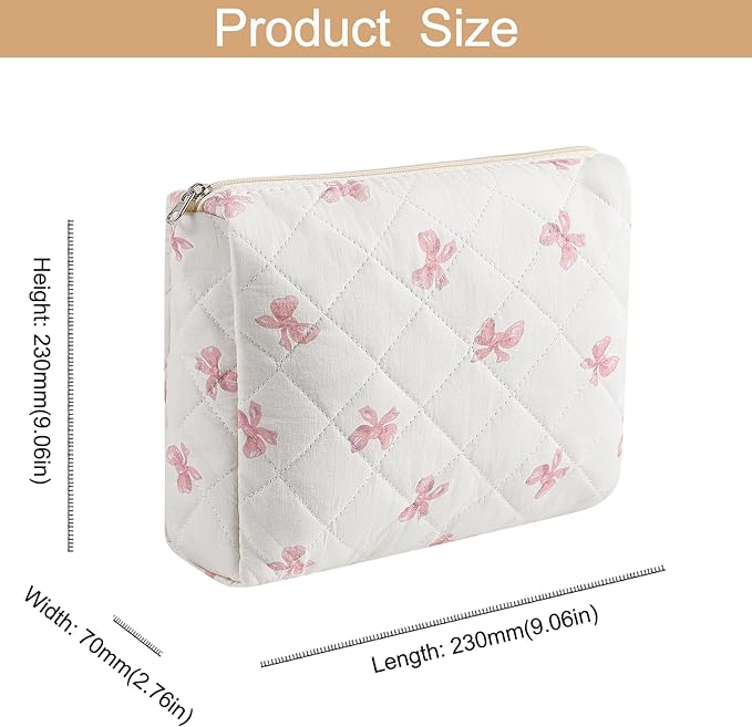 Large Quilted Cotton Makeup Bag Cosmetic Bag for Women, Cute Large Floral Cotton Travel Cosmetic Bag, Zipper Toiletry Bag Makeup Organizer Storage Bag (Pink Bow Tie)