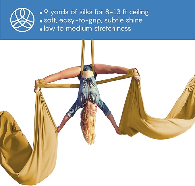 Aerial Silks Starter Kit - Durable 9 Yards of Aerial Yoga Hammock with Hardware & Guide - Aerial Swing for Acrobatic Flying Yoga & All Levels (Aerial Rigging Point Up to 13ft)
