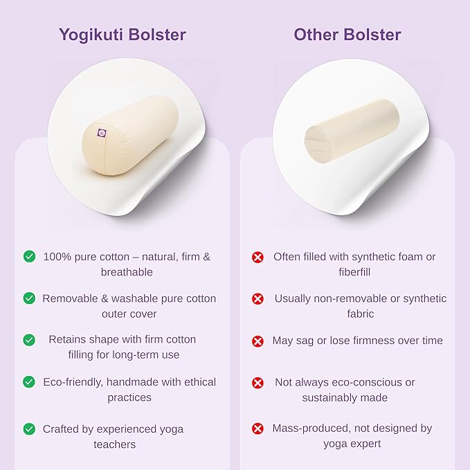 Yogikuti Iyengar Yoga Bolster Pillow for Restorative Yoga & Meditation Poses – 100% Cotton, Firm & Durable Cylindrical Cushion with Washable Cover, Perfect for Balance & Supportive Asanas (White)