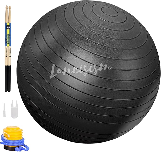 Lancisism Cardio Drumming Equipment Set - 26" Exercise Ball with Pump and Weighted Cardio Drumming Sticks with Grips - Fitness Yoga Ball Drumsticks Workout for Balance, Rhythm, Aerobic Moves (Black)