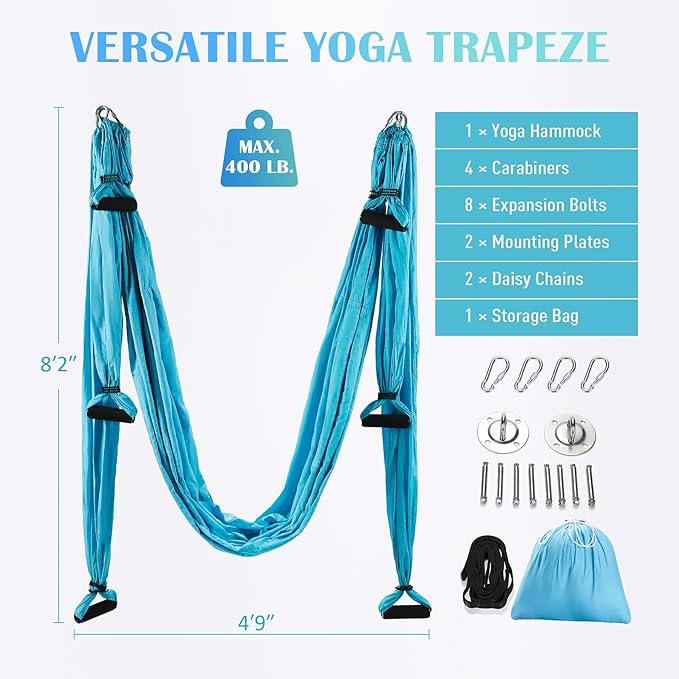 ZELUS Aerial Yoga Swing Sling Strong Yoga Hammock Kit Set Trapeze Inversion Equipment Include 2 Extensions Straps and Ceiling Mounting Kit