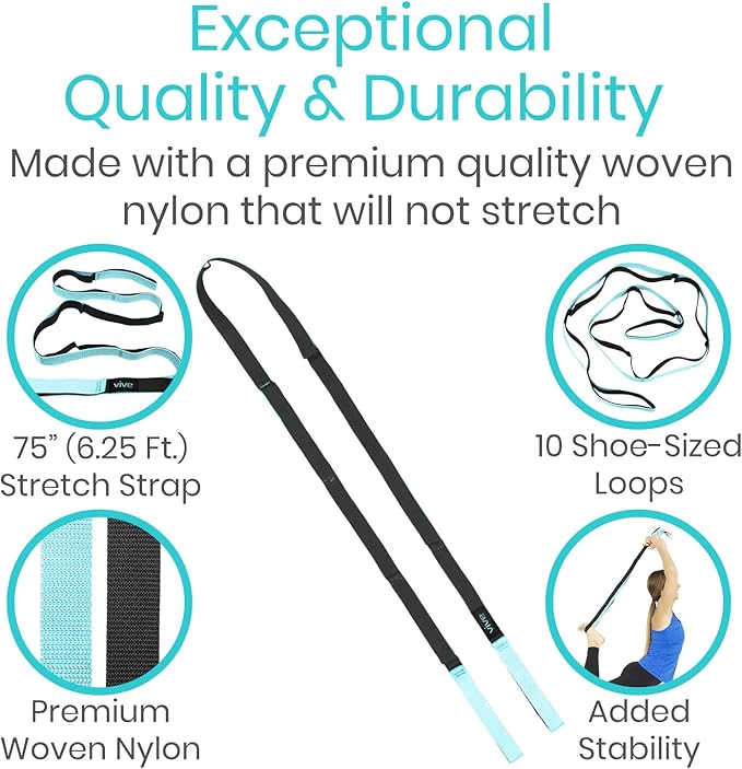 Vive Stretch Strap (75" - 10 Loops) - Leg Stretch Band to Improve Flexibility - Stretching Out Yoga Strap - Exercise and Physical Therapy Belt for Rehab, Pilates and Gymnastics with Guide Book