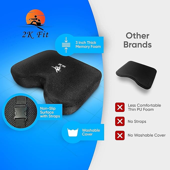 Rowing Machine Seat Cushion (Model 2) for The Concept 2 Rowing Machine with Custom Memory Foam, Washable Cover, and Straps- Concept 2 Rower, Recumbent Stationary Bike, WatterRower Seat Pad