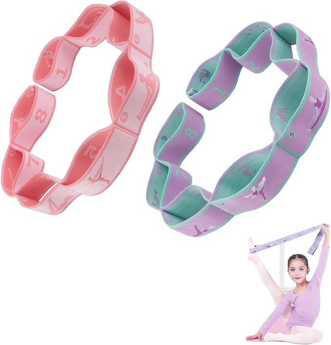 2pcs Stretch Strap for Kids,Elastic Yoga Stretching Strap with Loops, Multi-Loop Adjustable Exercise Stretching Bands,Stretching Resistance Ballet Bands for Dance, Latin, Gymnastics Exercis -8Loops