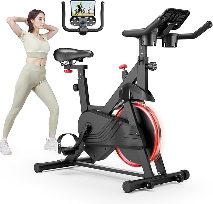 Stationary Bike, Spin Bike with 32 Levels of Adjustable Magnetic, Exercise Bike for Home with Exclusive App, Low Noise Indoor Bike, Cycling Bike with Comfortable Seat Cushion
