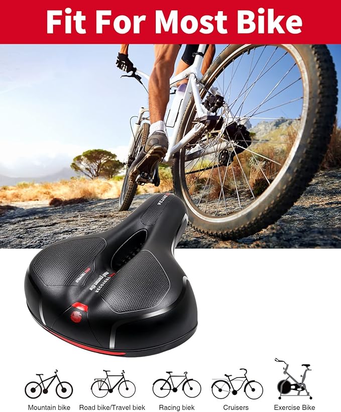 MSDADA Comfortable Bike Seat Cushion - Wide Bicycle Seat Comfort for Men Women with Dual Shock Absorption - Memory Foam Padding, Waterproof Bike Saddle for Stationary, Exercise, Mountain, Road Bikes
