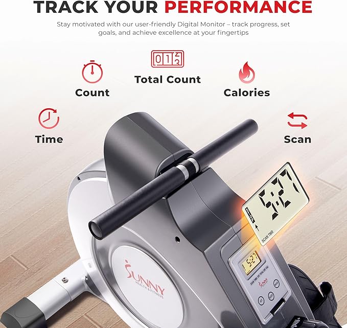 Sunny Health & Fitness Flip & Foldable Rowing Machine for Home w/Extended Slide Rail, Full-Body Workout, Low-Impact, Optional Extra Long Rail, Quiet Rail Cover, Water Motion and Free SunnyFit App