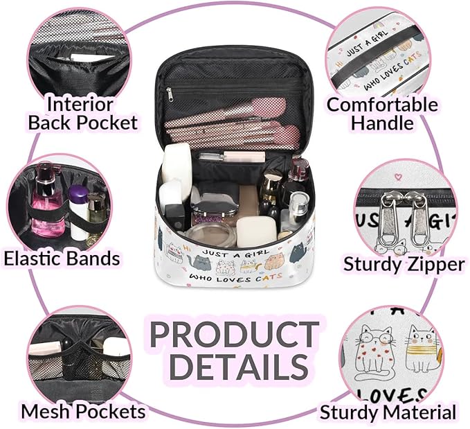 Large Makeup Bag Travel Cosmetic Bags for Women Colorful Cute Cartoon Animal Cat Makeup Organizer Case Toiletry Bag for Girls Traveling Wide Open Portable Pouch with Handle