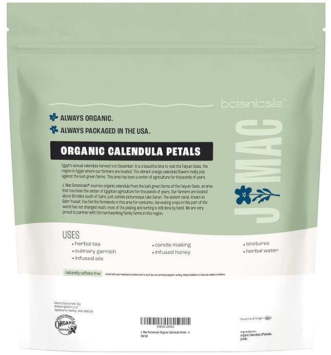 J Mac Botanicals, Organic Calendula Petals (4 oz) edible dried flowers petals, pairs well with edible dried rose petal, edible flowers for ice cubes, edible flowers for food, beverages, bath bombs