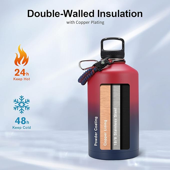 Trebo 1 Gallon Water Bottle Insulated with Paracord Handle and Straw,128oz Vacuum Double Wall Stainless Steel Large Jug,Keep Ice Cold 48hrs, Leakproof Sports Gym Flask for Men Women, Ruby Red