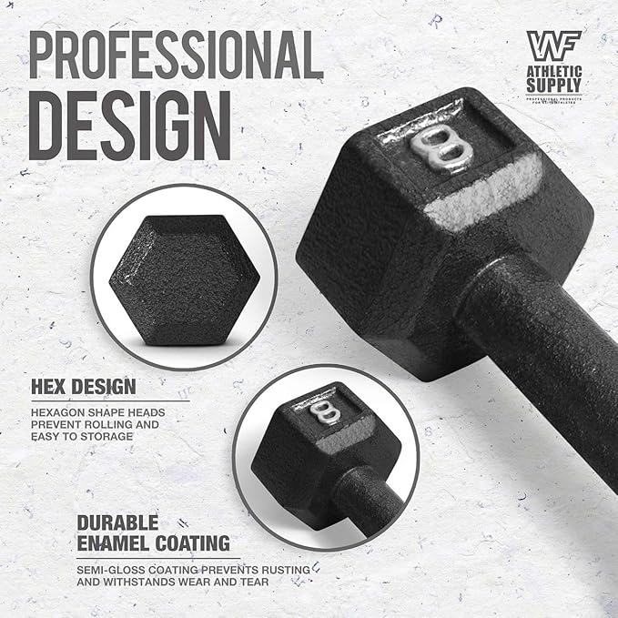 WF Athletic Supply Cast Iron Solid Hexagon Gray/Black Dumbbells, Strength Training Free Weights Set of 2 for Women and Men, Hand Weights Sold by Pairs, Multi-Select Size Options Available