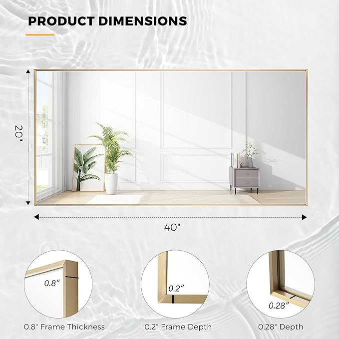 20x40 Inch Brass Bathroom Mirror for Wall, Aluminum Frame Rectangle Rectangular Vanity Mirror, Modern Large for Bedroom, Living Room, Horizontal or Vertical
