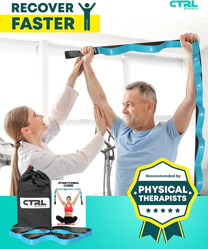 Stretching Strap with Loops - Non Elastic Stretch Band for Physical Therapy, Yoga Strap for Stretching Equipment, Stretch Bands for Exercise and Flexibility - Fascia, Hamstring & Leg Stretcher Belt