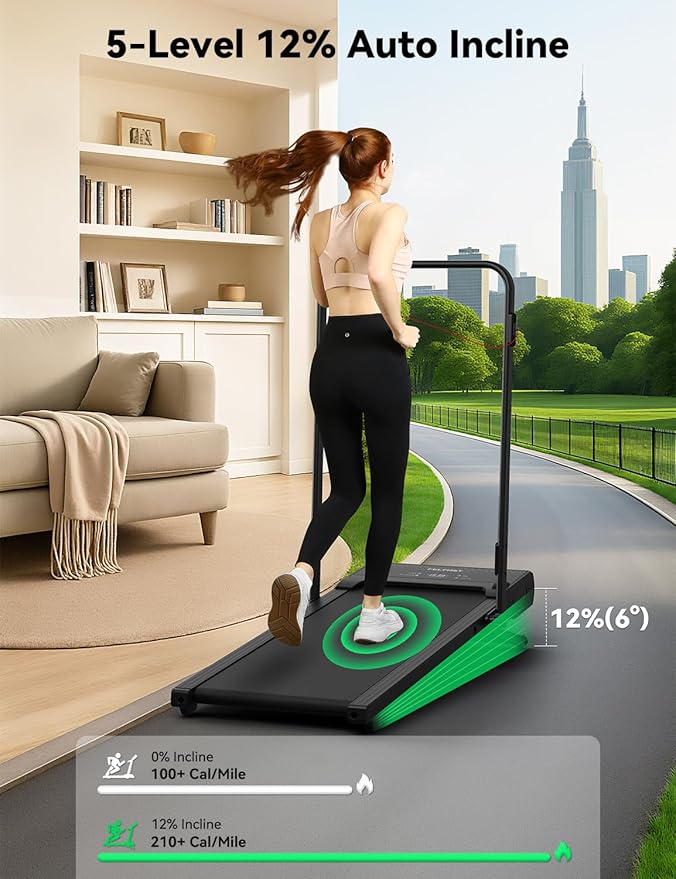 Walking Pad Treadmill, 12% 5-Level Auto Incline, 2-in-1 Under Desk Foldable w/Remote Control, 12 HIIT Mode, 265 Lbs, 7.6 MPH Max, Portable Treadmill for Office Home, No Tablet Stand