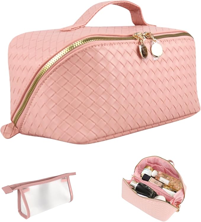 Large Capacity Travel Makeup Bag Organizer Makeup bag Set – Includes Transparent Pouch & Dust Bag PU Leather Cosmetic Bag Toiletry Bag for Women With Dividers, Handle Portable Design (Pink)