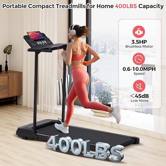 Walking Pad Treadmill with Handle Bar, 3.5HP Compact Electric Walking Pads Treadmills with Handles for Home Apartment Small, 0.6-10MPH Portable Foldable Folding Small Treadmill Home, 400LBS Capacity