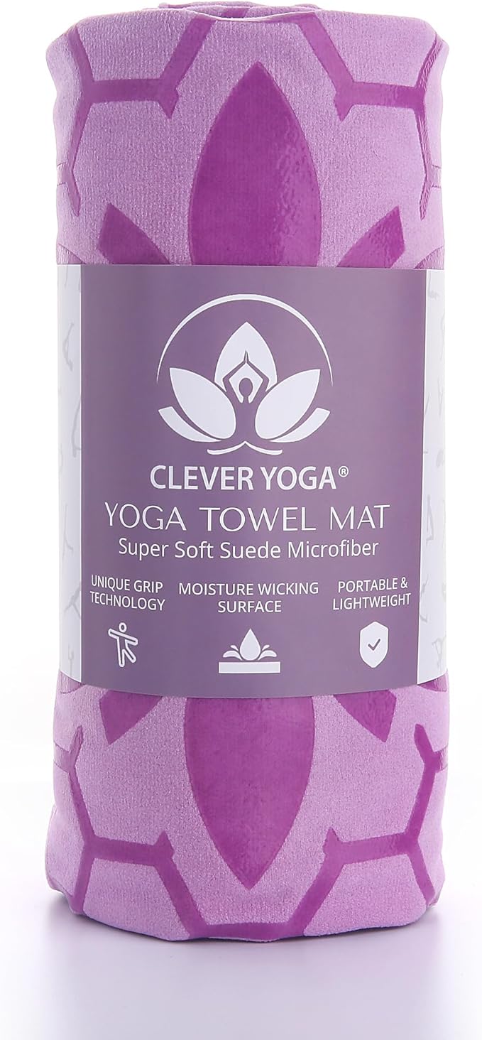 Clever Yoga Non-Slip Hot Yoga Towel – Non-Slip Grip for Hot Yoga, Sweat Absorbent, Honeycomb Silicone Grip, Stays Flat – Ideal for Pilates, Travel, Washable & Lightweight - Lilac