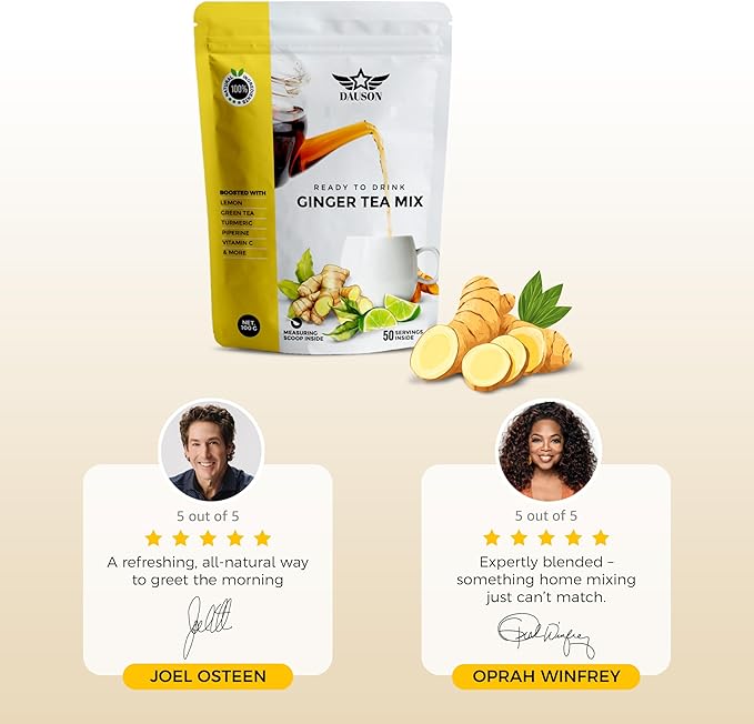 Ginger Tea Mix β 50 Servings | Instant Powder with Lemon, Turmeric, Licorice & Vitamin C | Caffeine-Free Herbal Blend with Green Tea Extract & Black Pepper | Natural Detox & Immune Support
