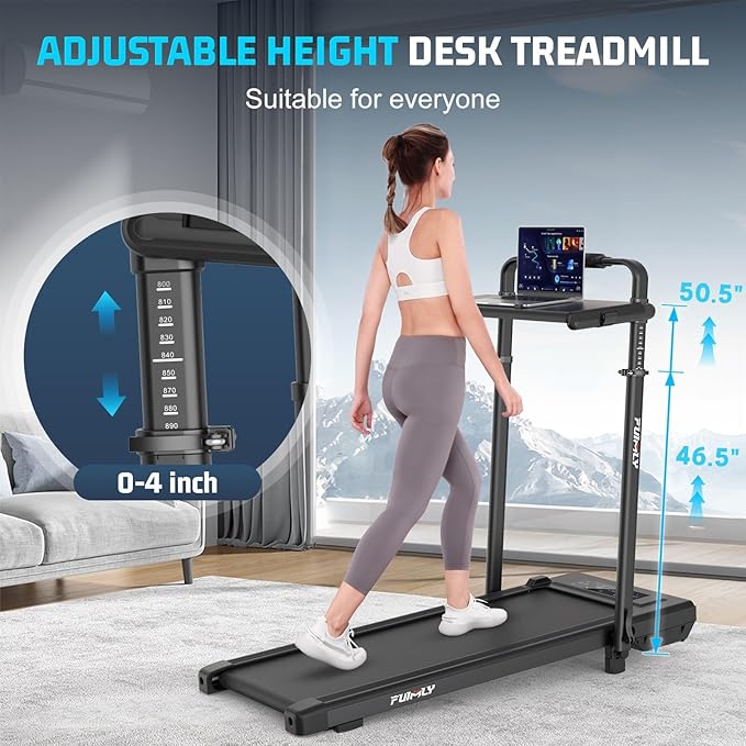 Walking Pad Treadmill with Desk Workstation, 10% Incline Foldable Treadmill with Handrail, 300lbs Capacity, 3 Control Methods, 8 in 1 Folding Treadmills for Home Office