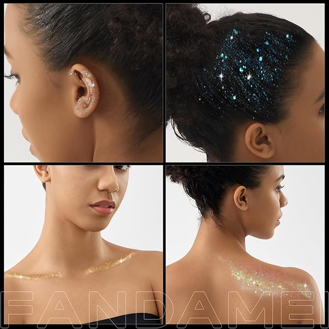 FANDAMEI Face Glitter, Body Glitter for Women, 2PCS 8 Colors Glitter Gel for Face, Hair Glitter for Kids, Fairy Rave Mermaid Makeup