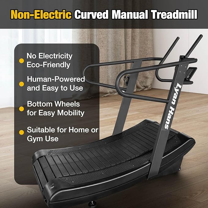 Curved Manual Treadmill, Non-Electric Curve Treadmill with 4 Resistance Levels, Self-Generated Air Runner with LCD, Commercial Motorless Treadmills for Home Gym, 450LBS Capacity, Black