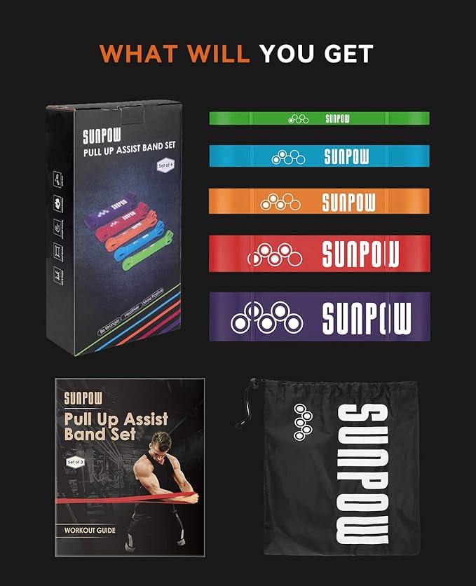 SUNPOW Pull Up Assistance Bands - Set of 5 Resistance Heavy Duty Workout Exercise Stretch Fitness Bands Assist Set for Body, Instruction Guide and Carry Bag Included
