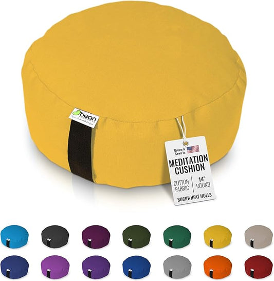 Bean Products Zafu Meditation Pillows for Sitting on Floor, Yoga Cushion, Cotton/Buckwheat Fill Yoga Pillow, Zafu Meditation Cushion, Zen Kneeling Prayer Pad- Made in USA - 14" Round - Saffron