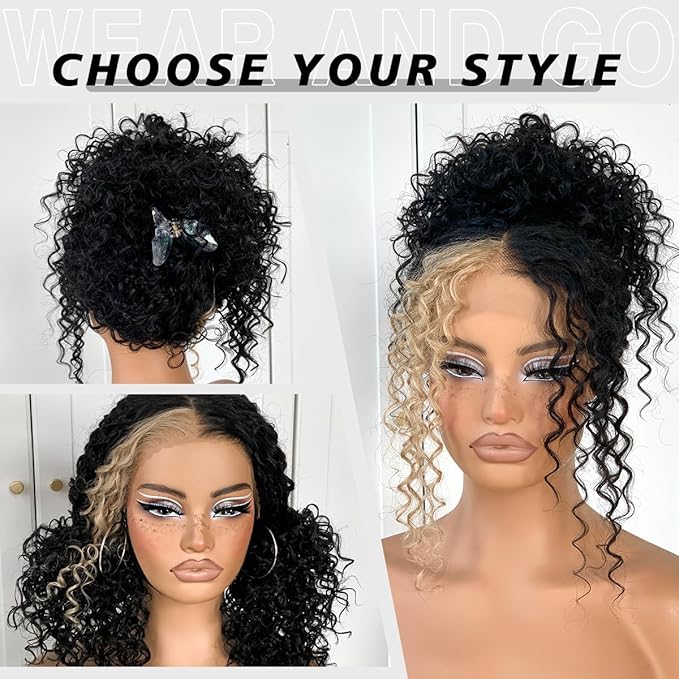 13x6 Skunk Stripe Curly Wig Wear And Go Glueless Wig Pre-Plucked Synthetic Lace Front Wig Pre-Cut Afro Kinky Layred Wig With Natural Hairline 18 Inch