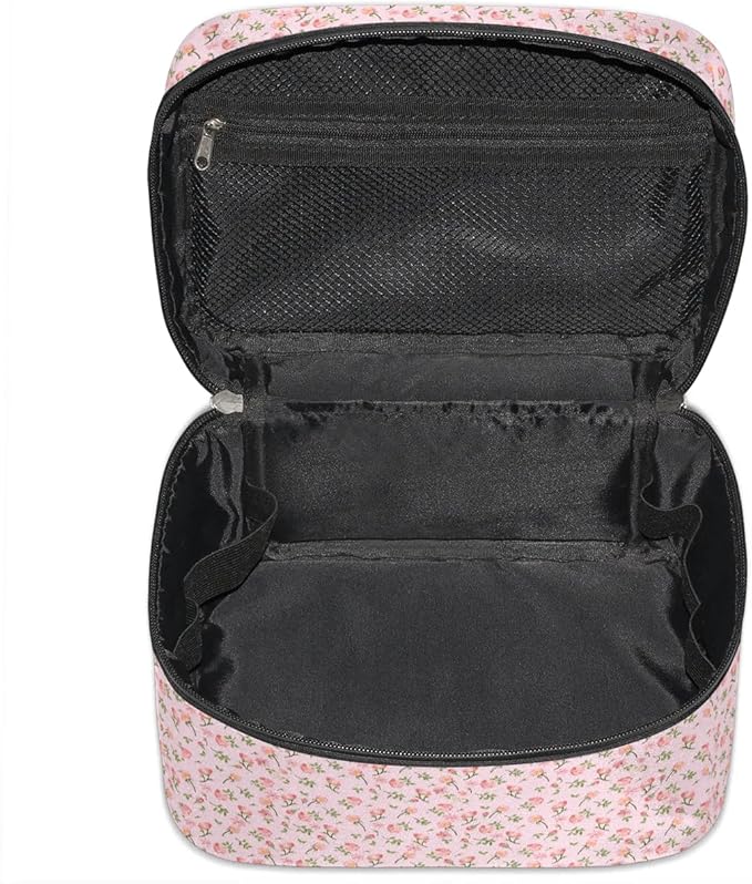 Large Makeup Bag Travel Cosmetic Bags for Women Pink Vintage Bohemian Spring Flower Floral Makeup Organizer Case Toiletry Bag for Girls Traveling Wide Open Portable Pouch with Handle