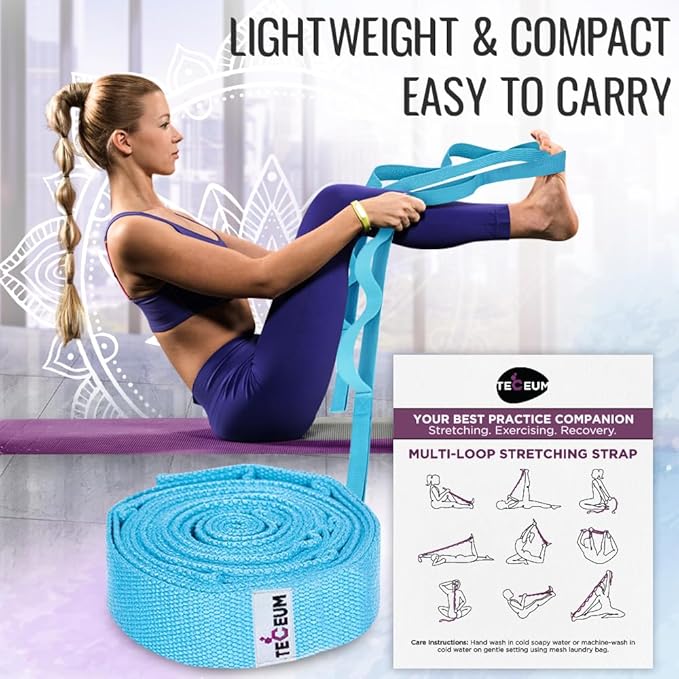 TECEUM Stretching Strap for Yoga & Physical Therapy – 10 Loops – Non-Elastic Leg Stretch Straps for Stretching, Exercising, Pilates, Post-Injury Rehabilitation for All Levels – Men & Women