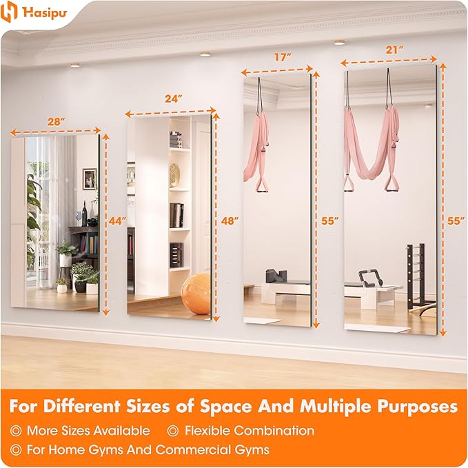 Hasipu Home Gym Mirror 55" L x 21" W - 2PCS Large Full Body Mirror for Yoga, Wall-Mounted Mirrors for Fitness, Garage, Dance Studio, 0.16in Tempered Glass Frameless