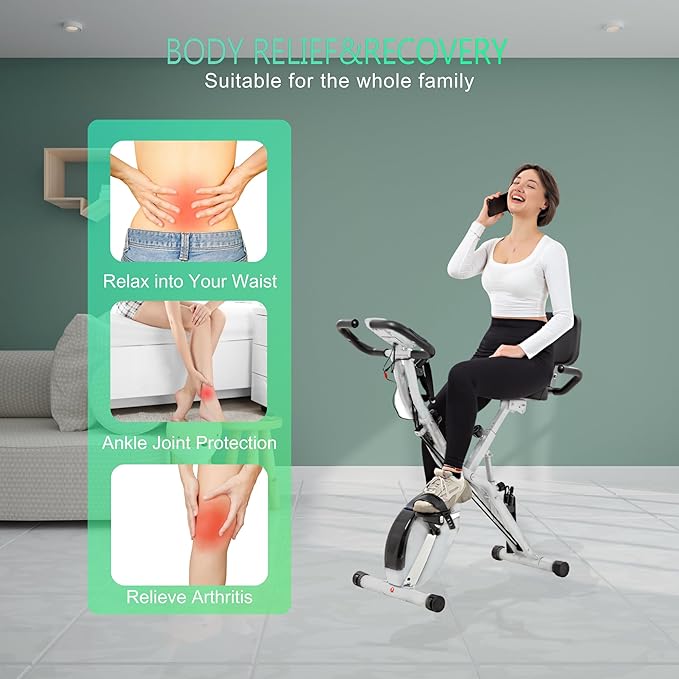 BARWING Stationary Exercise Bike for Home Workout, 5 IN 1 Foldable Indoor Cycling Bike for Seniors, 350LB Capacity, 16-Level Magnetic Resistance, Seat Backrest Adjustments