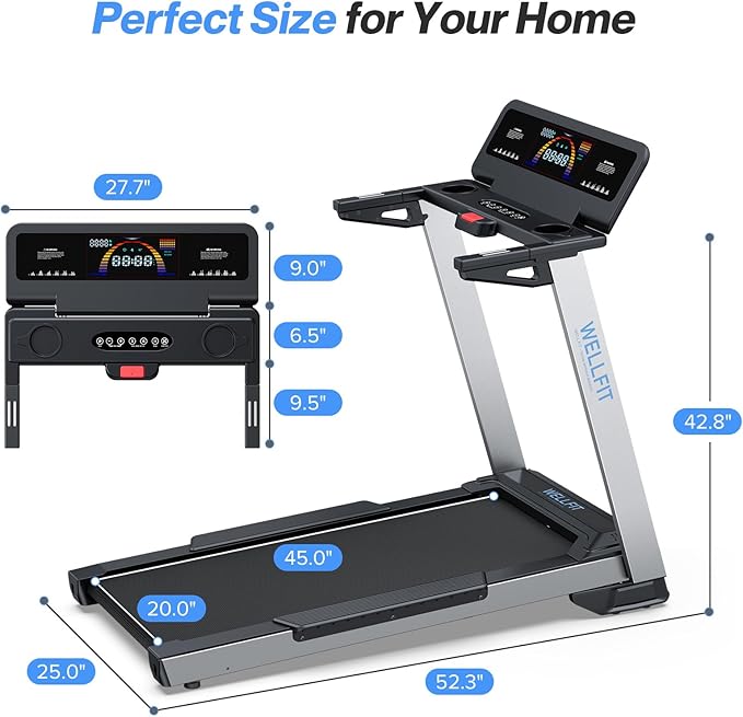WELLFIT Treadmill for Home, 2 Level Incline Heavyduty Treadmill with Pulse Sensor, 4.0 HP, 1.0-10.0 MPH, 450/360 lbs Capacity, Large Running Area Treadmills with Bluetooth Player & LED Display