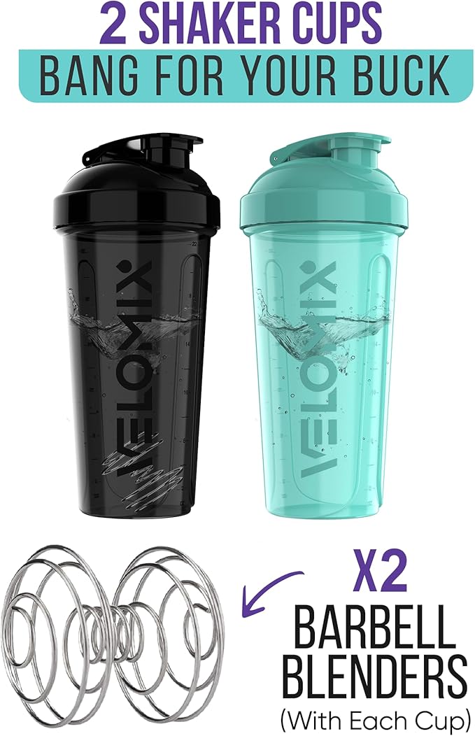 '-2 Pack- 28 oz Protein Shaker Bottles for Protein Mixes - 2x Wire Whisk | Leak Proof Shaker Cups for Protein Shakes | Protein Shaker Bottle Pack (Black/Turquoise)