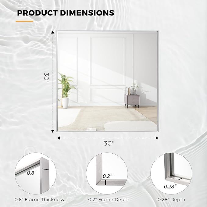 30x30 Inch Nickel Bathroom Mirror for Wall, Aluminum Frame Rectangle Rectangular Vanity Mirror, Modern Large for Bedroom, Living Room, Horizontal or Vertical