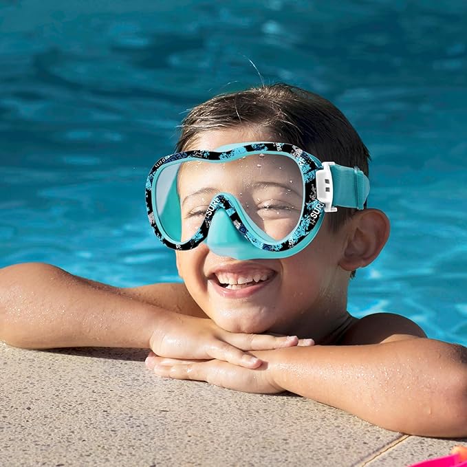 Kids Swim Goggles with Nose Cover, 180° Panoramic Snorkel Mask with Anti-Fog & Anti-Leak Design, Comfort Fabric Strap UV Protection Lens for Boys Girls Ages 3-15