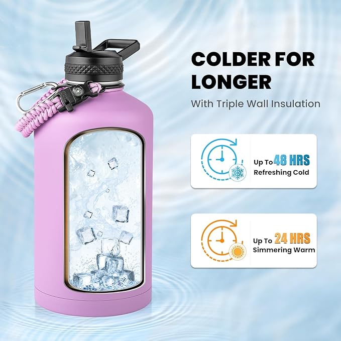 One Gallon Water Bottle Insulated, Triple Walled Vacuum Stainless Steel (Cold for 48 Hrs), Leak Proof & Non-BPA, Large Water Flask Jug with Paracord Handle & Straw Spout Lids