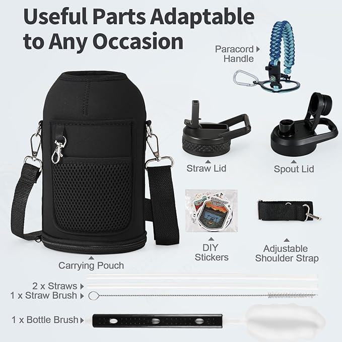 64 oz Insulated Water Bottle with Straw (Cold for 48 Hrs), Half Gallon Stainless Steel Triple Wall Vacuum Sports Water Jug, Leakproof Hydro Cup Flask with Straw Spout Lids & DIY Stickers